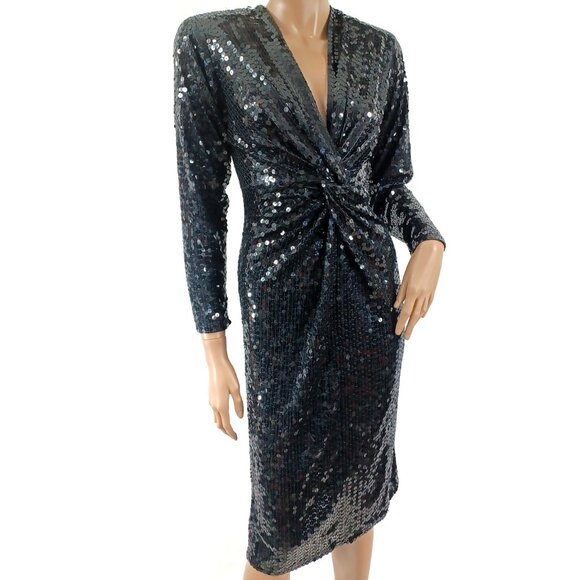 BLACK TIE? Oleg Cassini Twist Front LS V Neck All Sequin Sheath Party Dress 10 - Picture 4 of 7